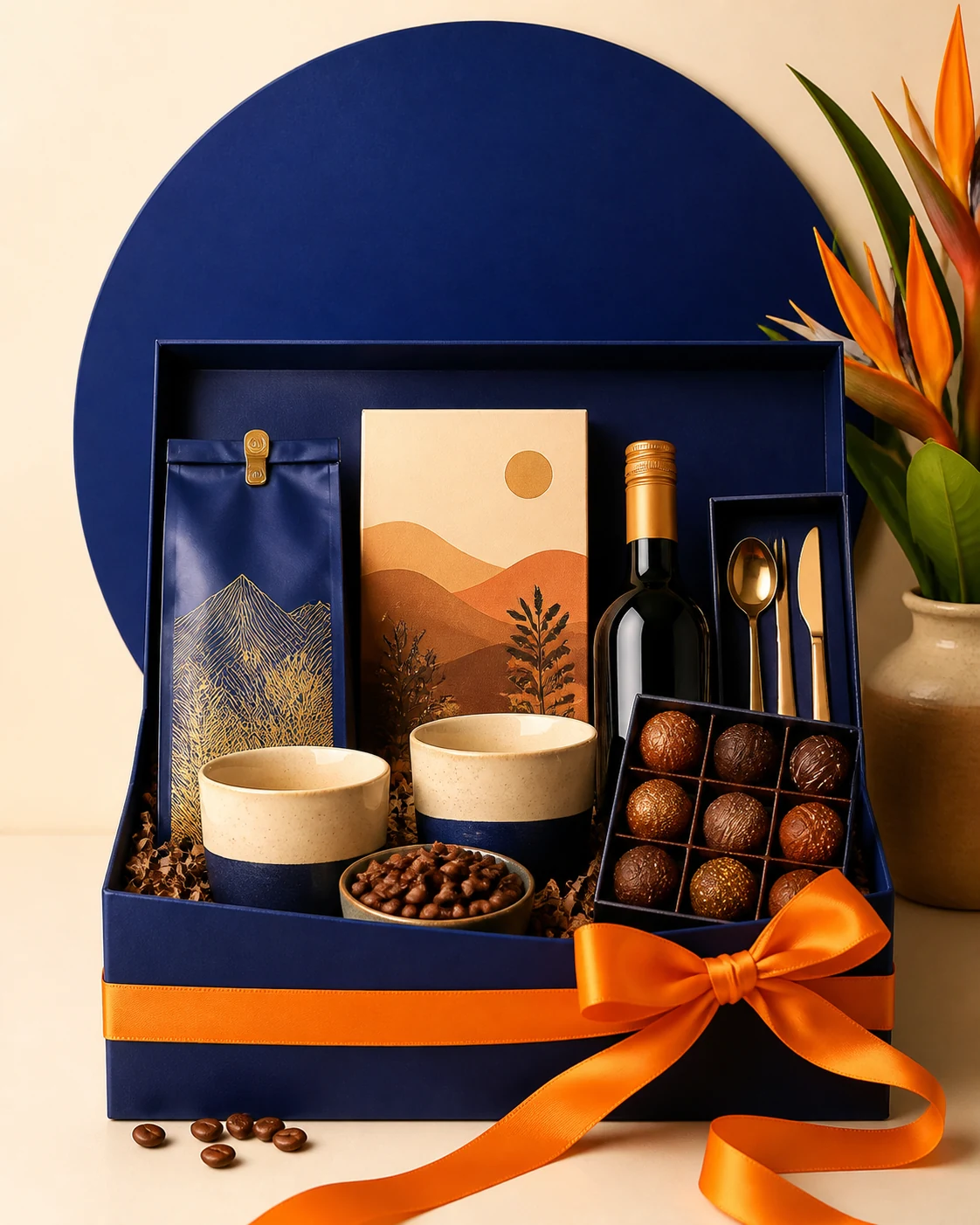 Paket hadiah gourmet berisi kopi, cokelat, cangkir, dan aksesori rumah