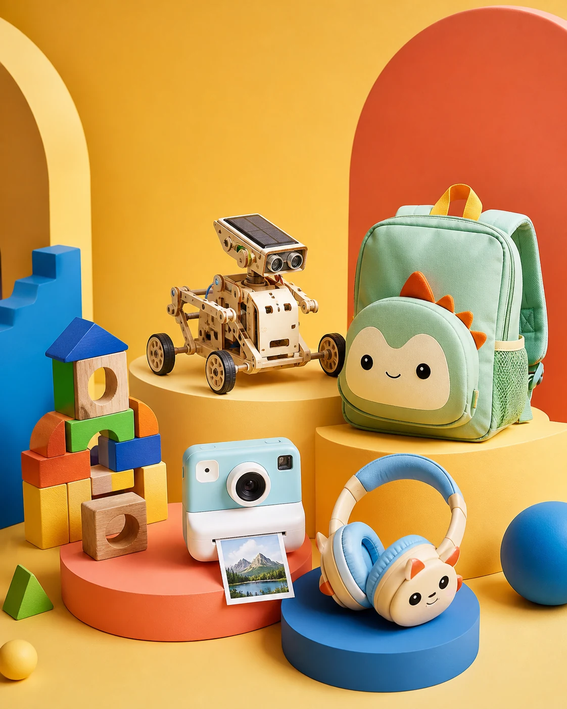 Koleksi hadiah anak berupa robot edukasi, kamera, balok, headphone, dan tas