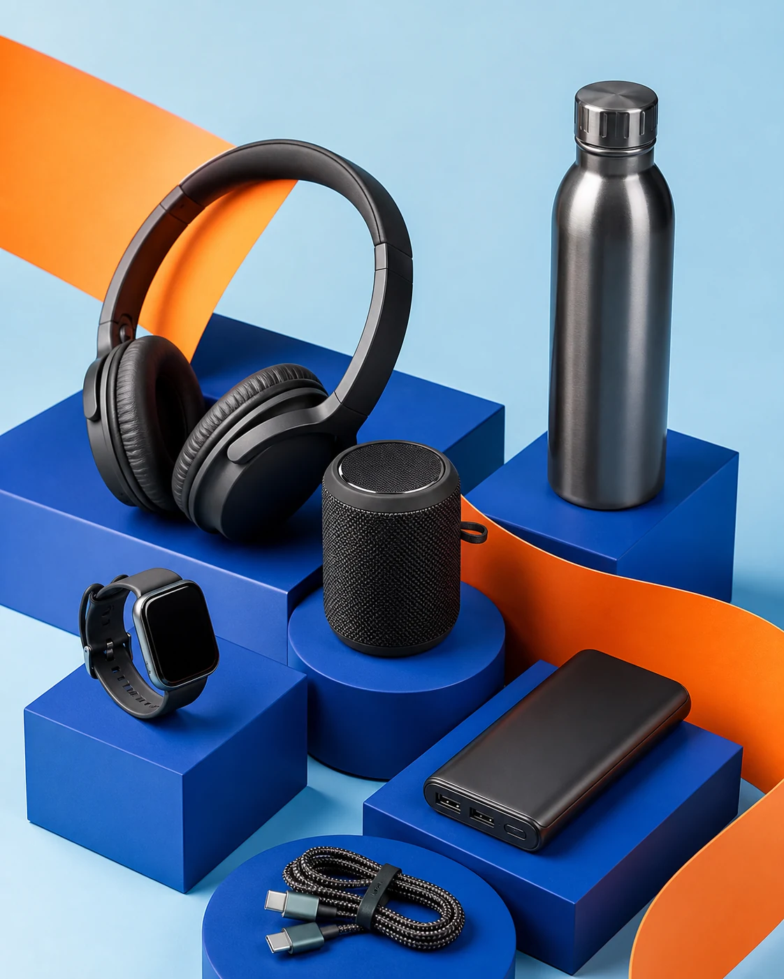 Hadiah teknologi berupa headphone, smartwatch, speaker, power bank, dan botol