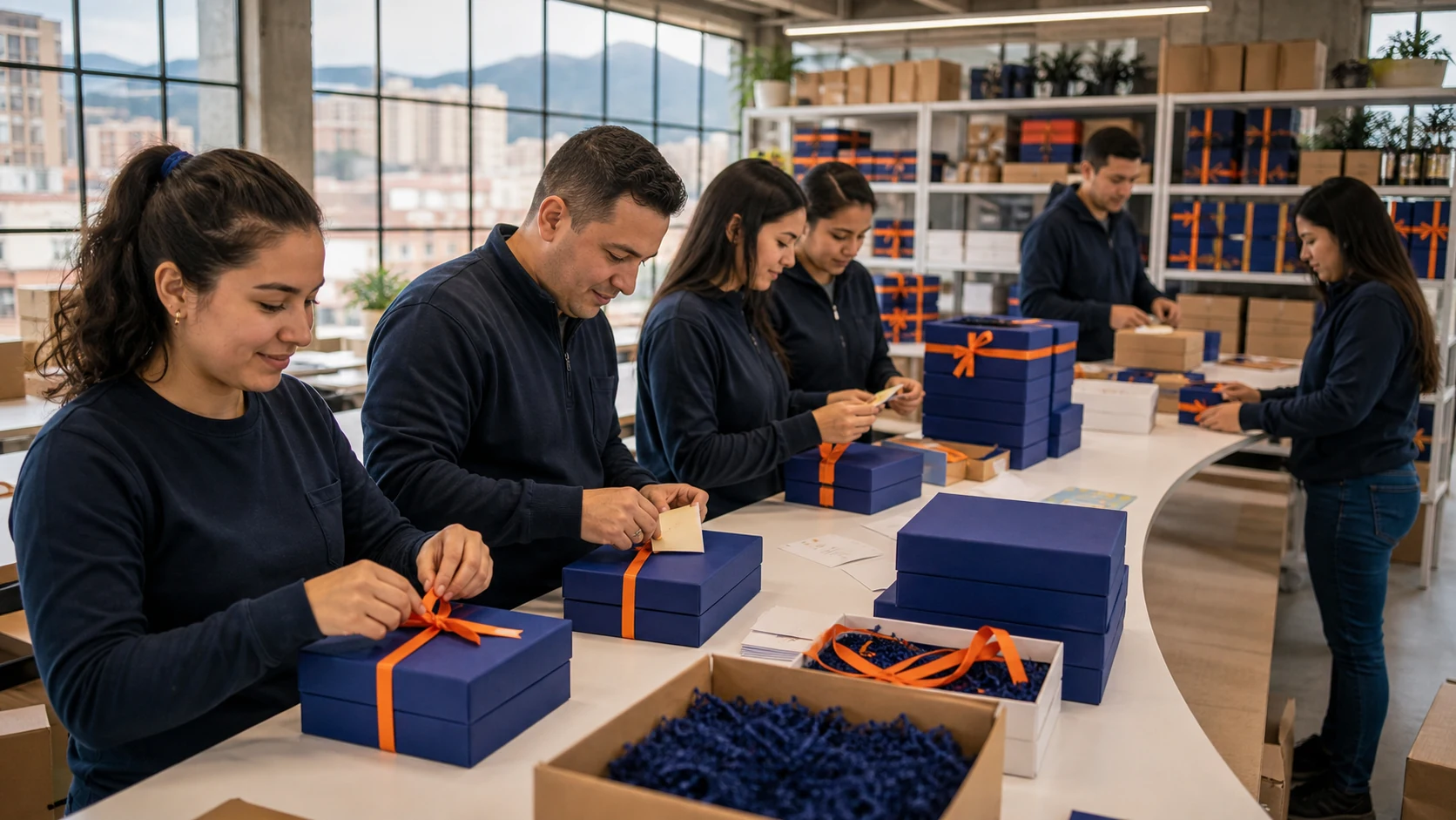 Tim fulfillment sedang mempersonalisasi dan mengemas hadiah korporat di Bogotá