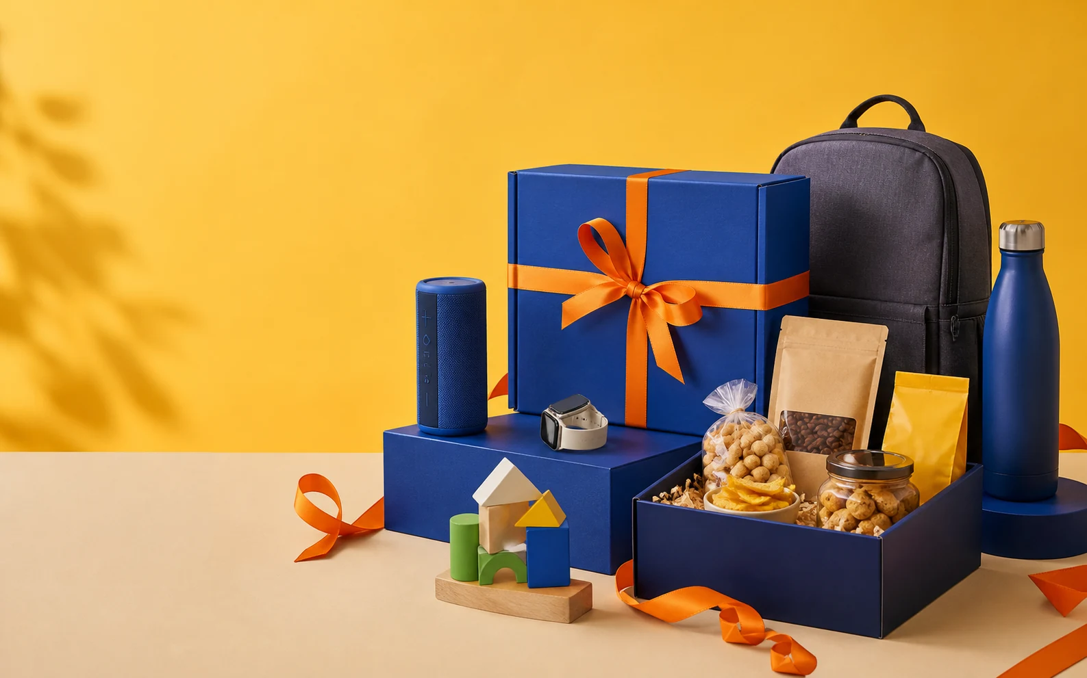Rangkaian hadiah korporat berupa paket gourmet, teknologi, tas, dan mainan